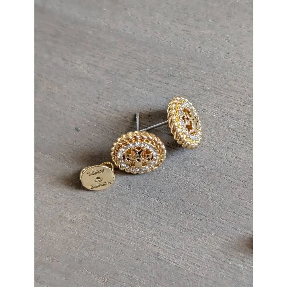TORY BURCH Miller Rope Pave Double T Logo Stud Earrings